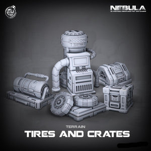 3D Printed Cast n Play Tires and Crates Nebula Origins 28mm 32mm D&D - Charming Terrain