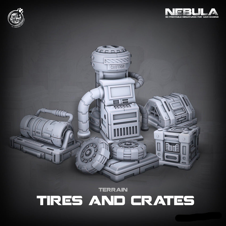 3D Printed Cast n Play Tires and Crates Nebula Origins 28mm 32mm D&D - Charming Terrain