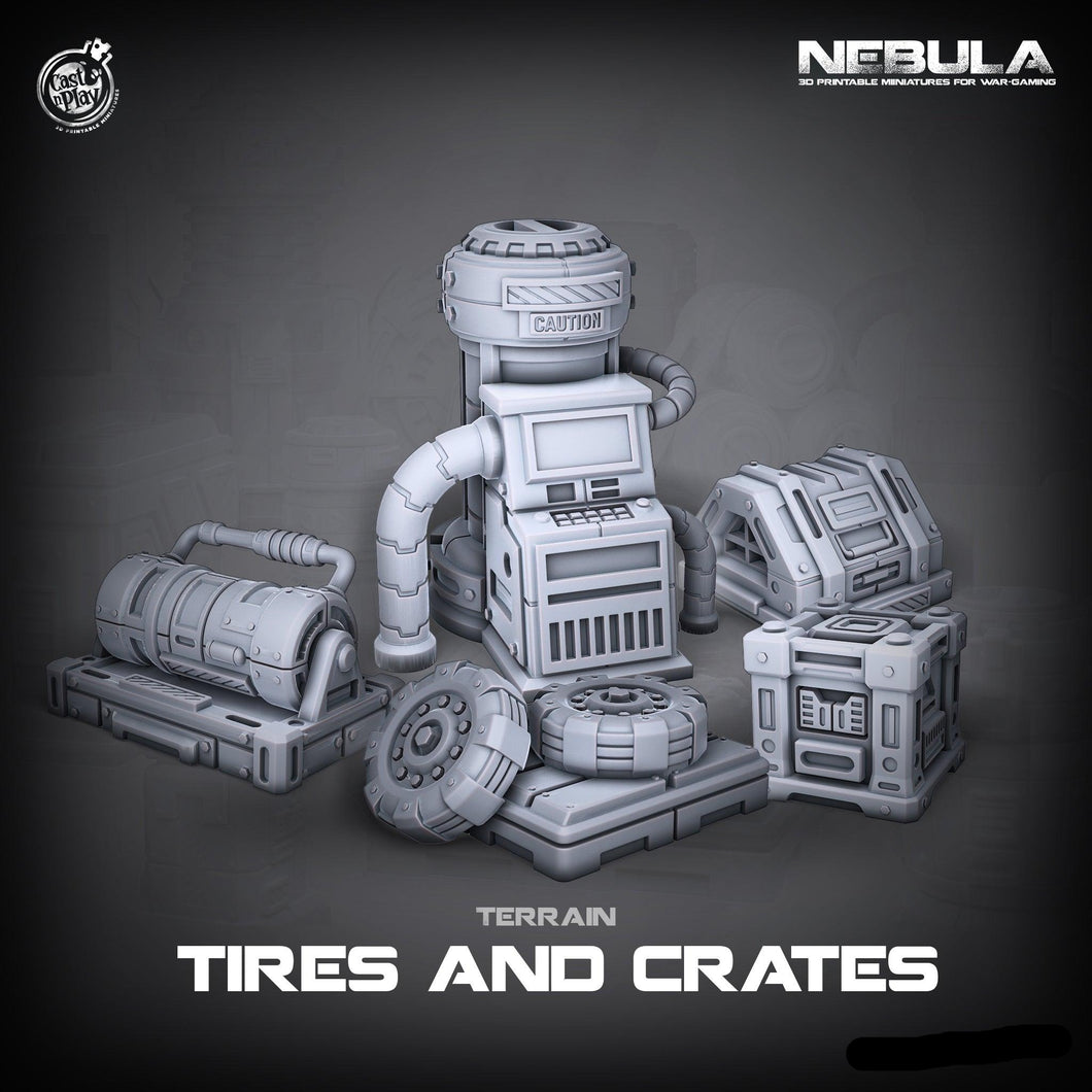 3D Printed Cast n Play Tires and Crates Nebula Origins 28mm 32mm D&D - Charming Terrain