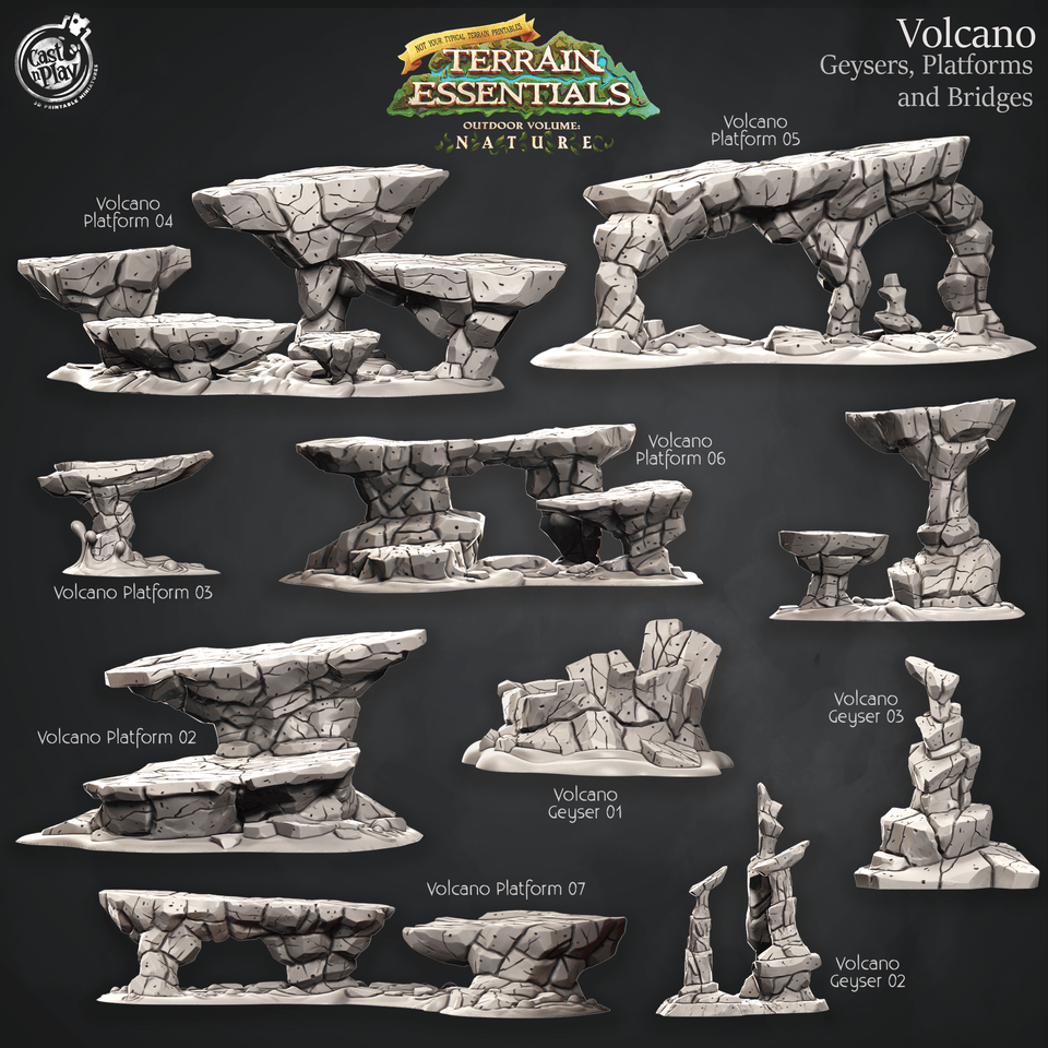 3D Printed Cast n Play Volcano Terrain Geysers, Platforms and Bridges Set Terrain Essentials 28mm 32mm D&D - Charming Terrain