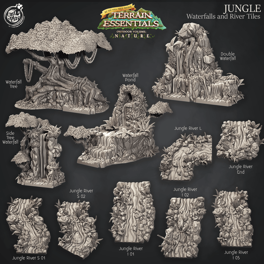 3D Printed Cast n Play Waterfalls and River Tiles Jungle Terrain Set Terrain Essentials Nature 28mm 32mm D&D - Charming Terrain