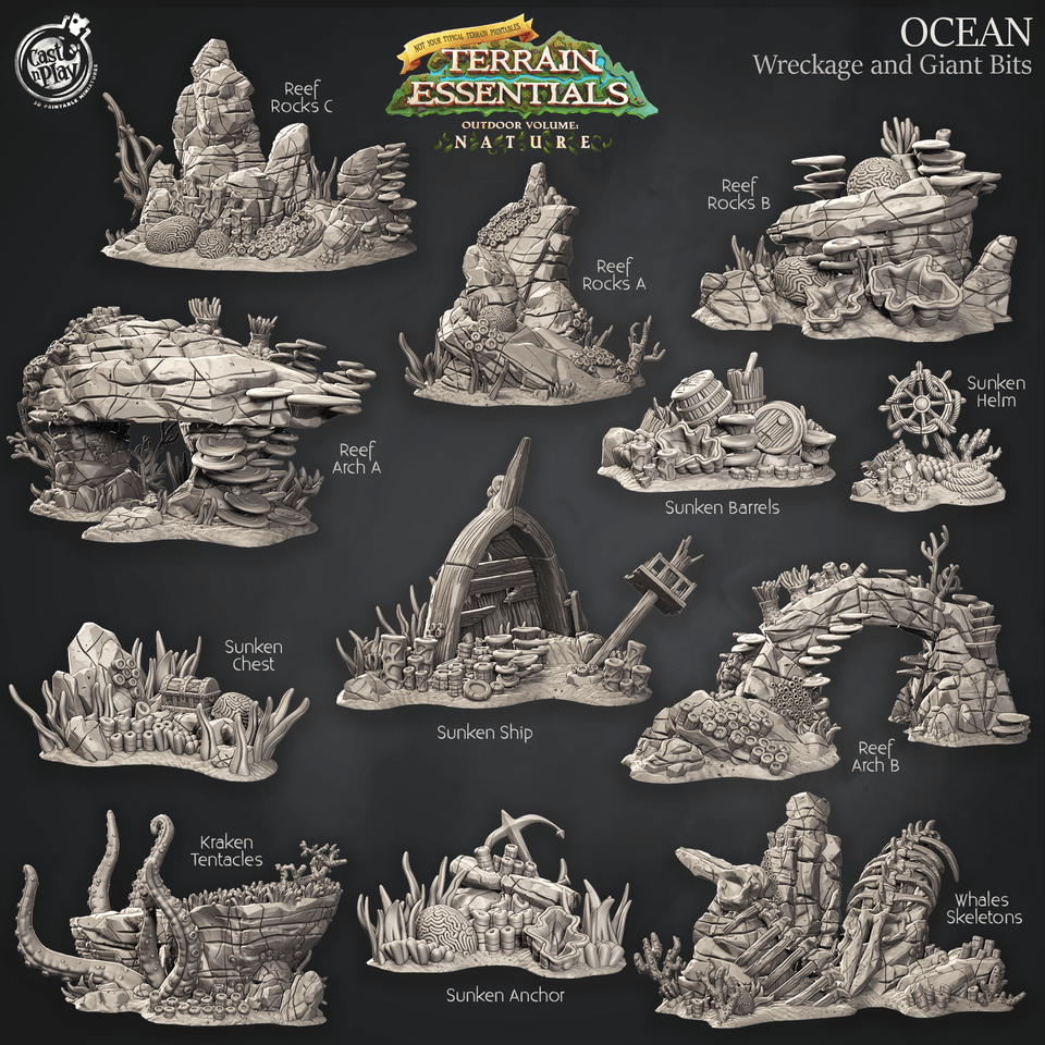 3D Printed Cast n Play Wreckage and Giant Bits Ocean Terrain Set Terrain Essentials Nature 28mm 32mm D&D - Charming Terrain