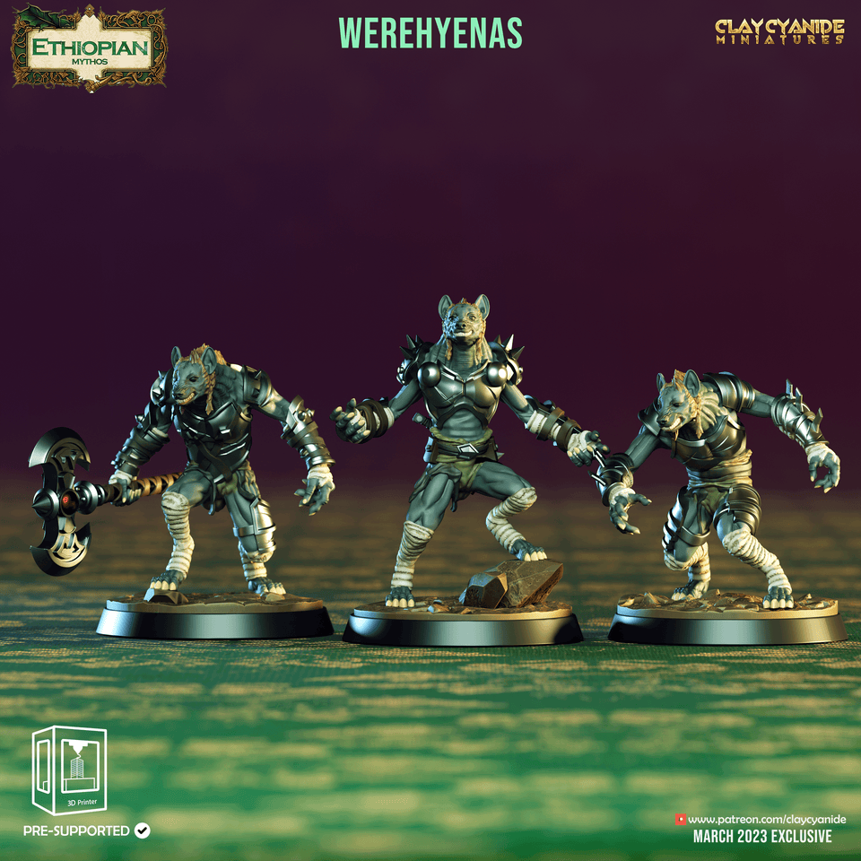 3D Printed Clay Cyanide Werehyenas Ethiopian Mythos 28 32 mm D&D - Charming Terrain