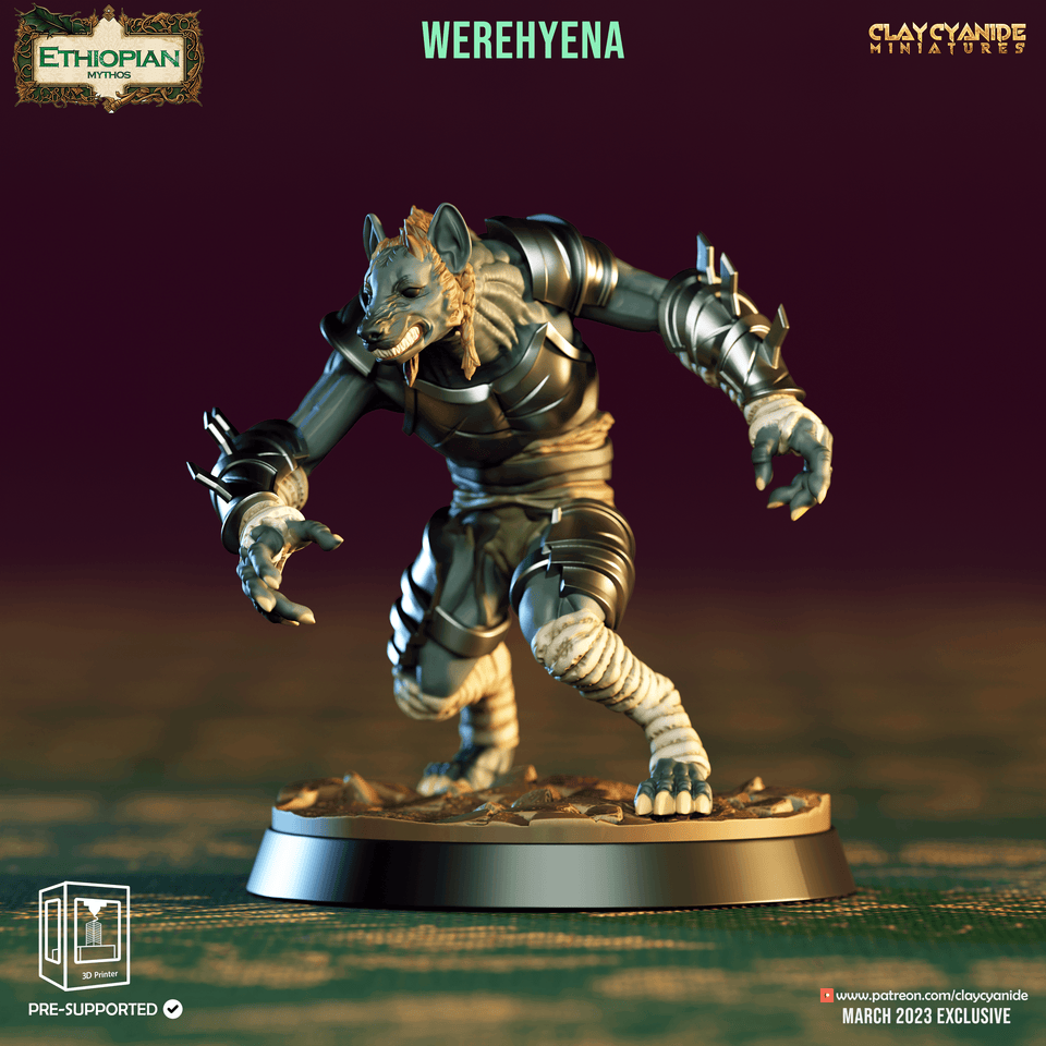 3D Printed Clay Cyanide Werehyenas Ethiopian Mythos 28 32 mm D&D - Charming Terrain