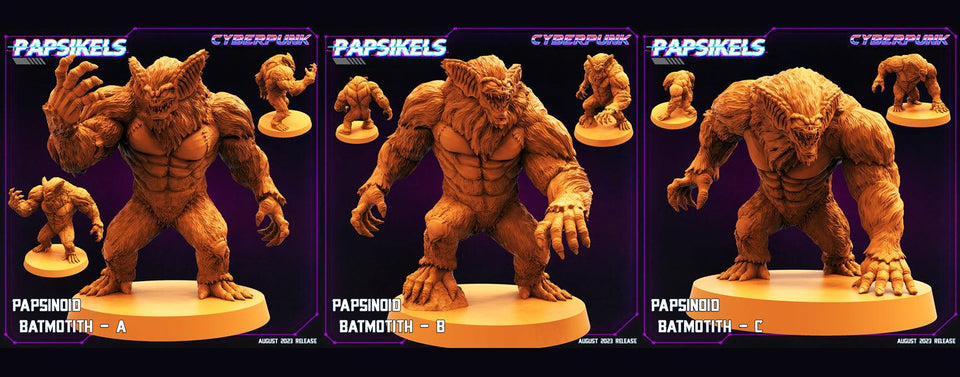 3D Printed Papsikels August 2023 - Cyberpunk Papsinoid Batmotith Set 28mm 32mm - Charming Terrain