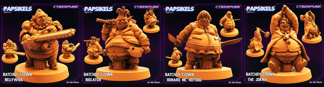 3D Printed Papsikels July 2023 - Cyberpunk Batchoy Clown Set 28mm 32mm - Charming Terrain