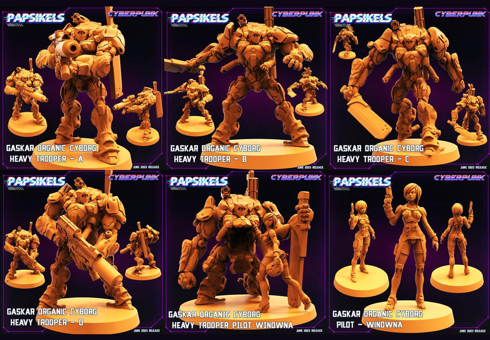 3D Printed Papsikels June 2023 Cyberpunk Gaskar Organic Cyborg Heavy Trooper Set 28mm 32mm - Charming Terrain