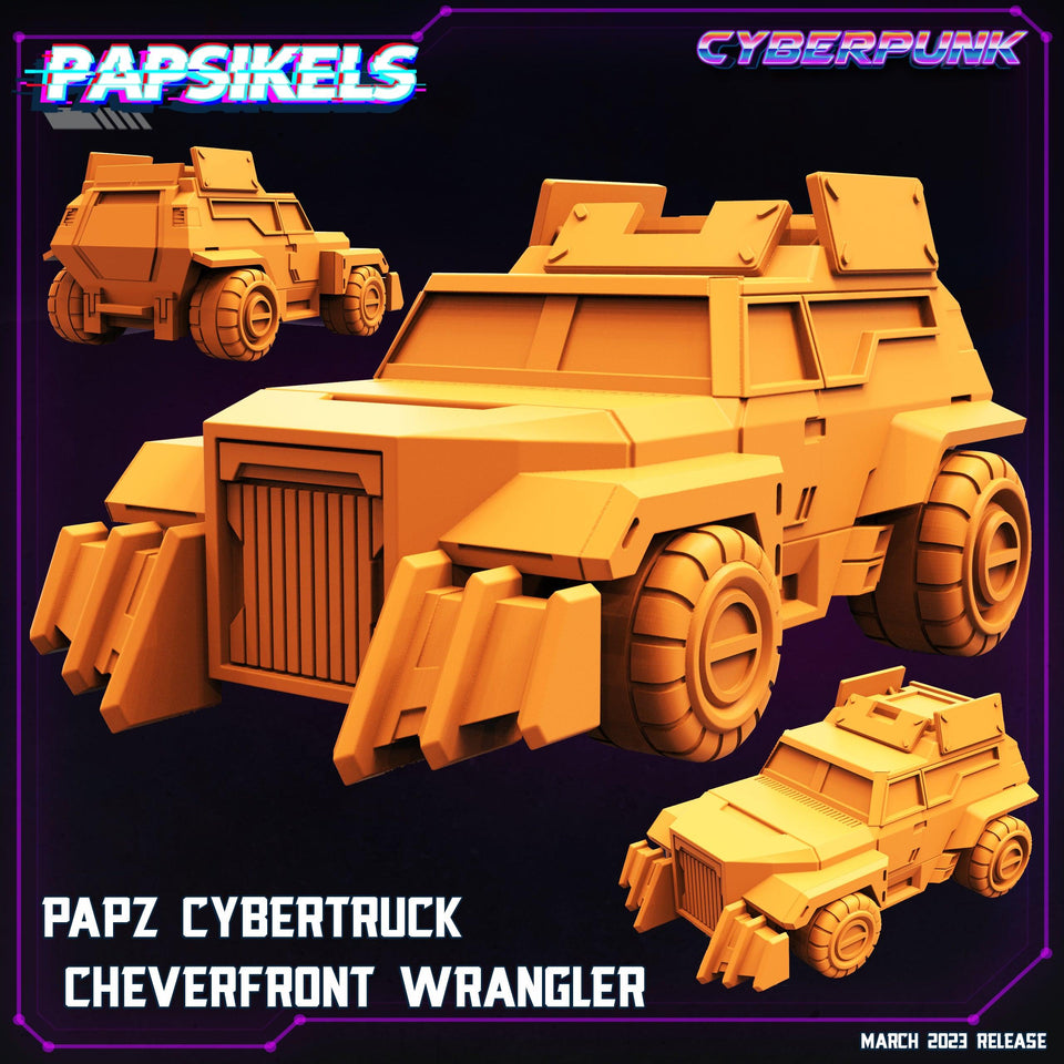 3D Printed Papsikels - Papz Cybertruck Cheverfront Wrangler March 2023 Cyberpunk - 28mm 32mm - Charming Terrain