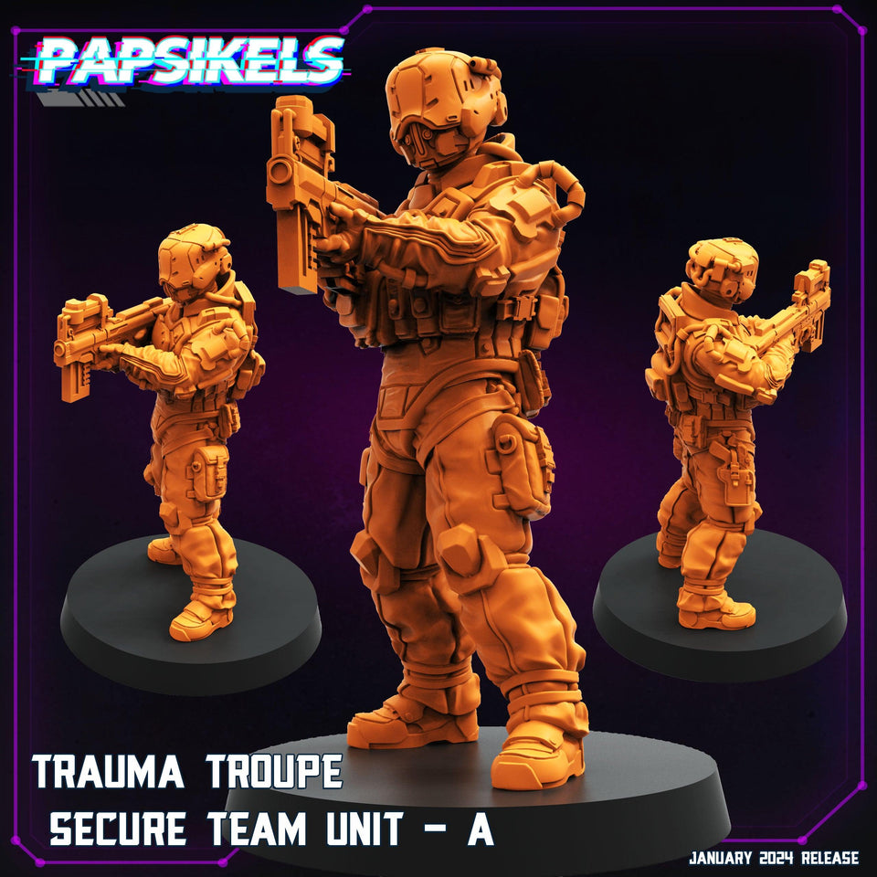3D Printed Papsikels Trauma Troupe Secure Team Unit Set January 2024 Cyberpunk 28mm 32mm - Charming Terrain