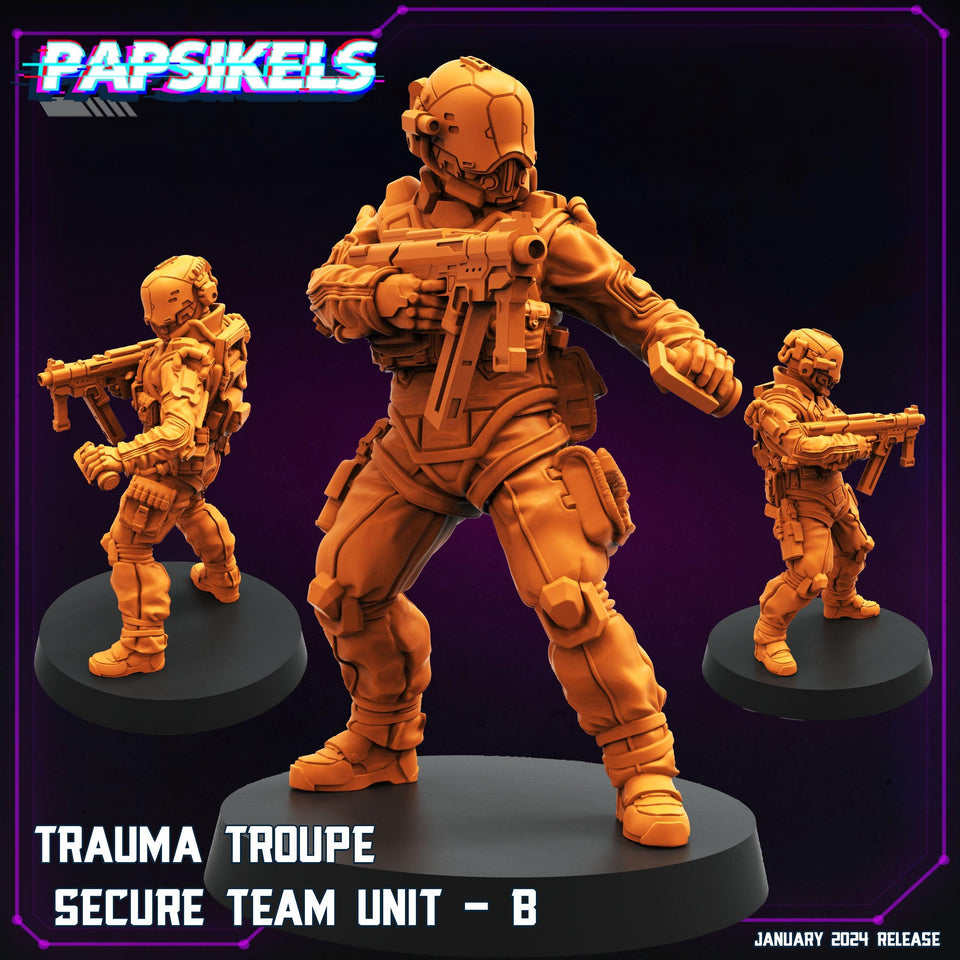 3D Printed Papsikels Trauma Troupe Secure Team Unit Set January 2024 Cyberpunk 28mm 32mm - Charming Terrain