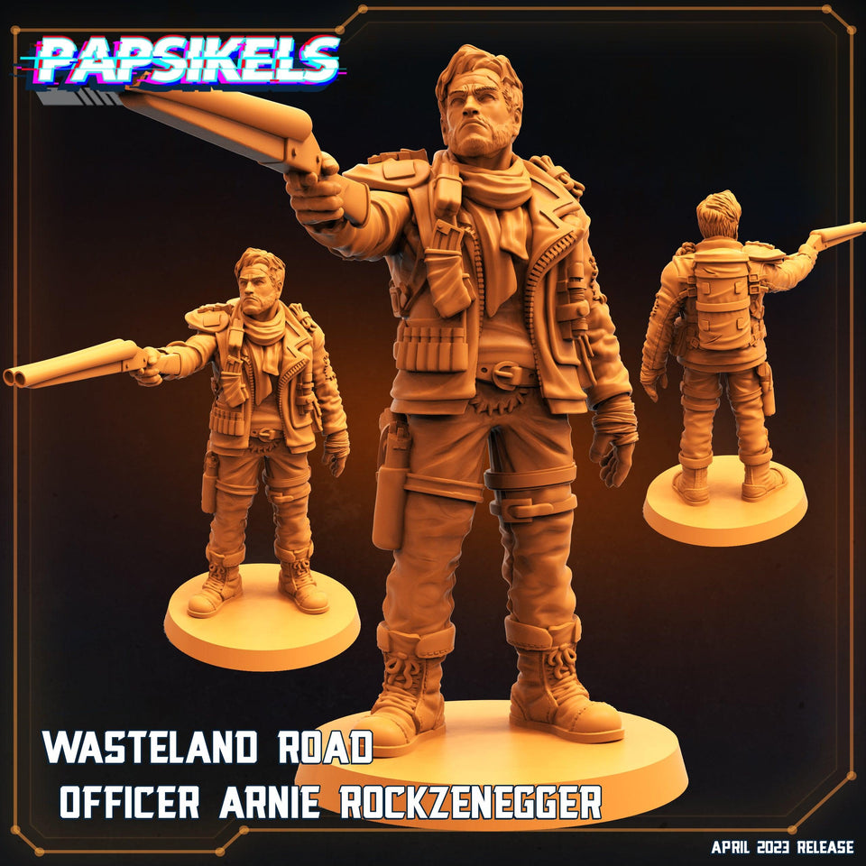 3D Printed Papsikels - Wasteland Road Officer Arnie Rockzenegger - 28mm 32mm - Charming Terrain