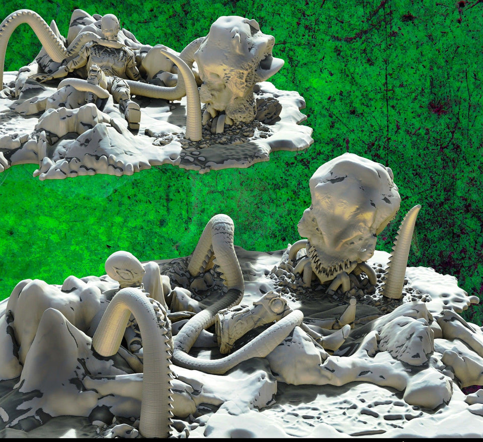 3D Printed SAWANT3D Abandoned Base of Space Elves - Elf Fighting a Monster 28 32mm D&D - Charming Terrain