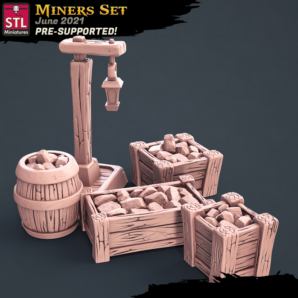 3D Printed STL Miniatures Miners Set 28 - 32mm War Gaming D&D - Charming Terrain