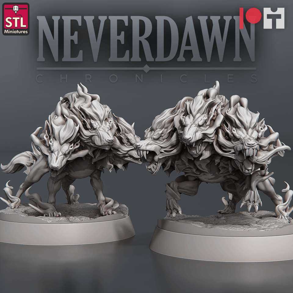 3D Printed STL Miniatures Pyromancers Cerberus 28 - 32mm War Gaming D&D - Charming Terrain