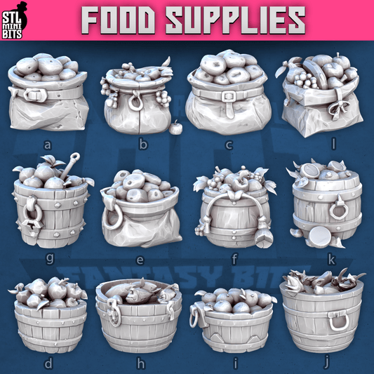 Charming Terrain 3D printed terrain (28mm) Food Supplies Set 3D Printed STL Miniatures Food Supplies Set STL Mini Bits 28 - 32mm War Gaming D&D