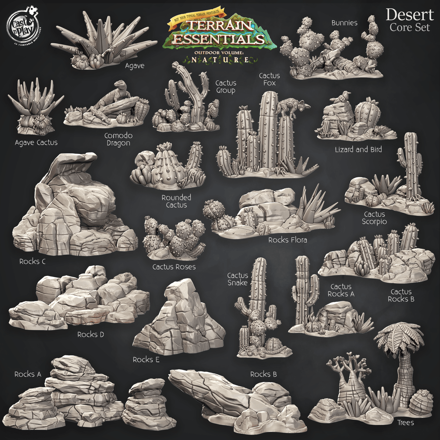 Charming Terrain 3D printed terrain (28mm) Full Set 3D Printed Cast n Play Desert Core Set Desert Terrain Set Terrain Essentials Nature 28mm 32mm D&D