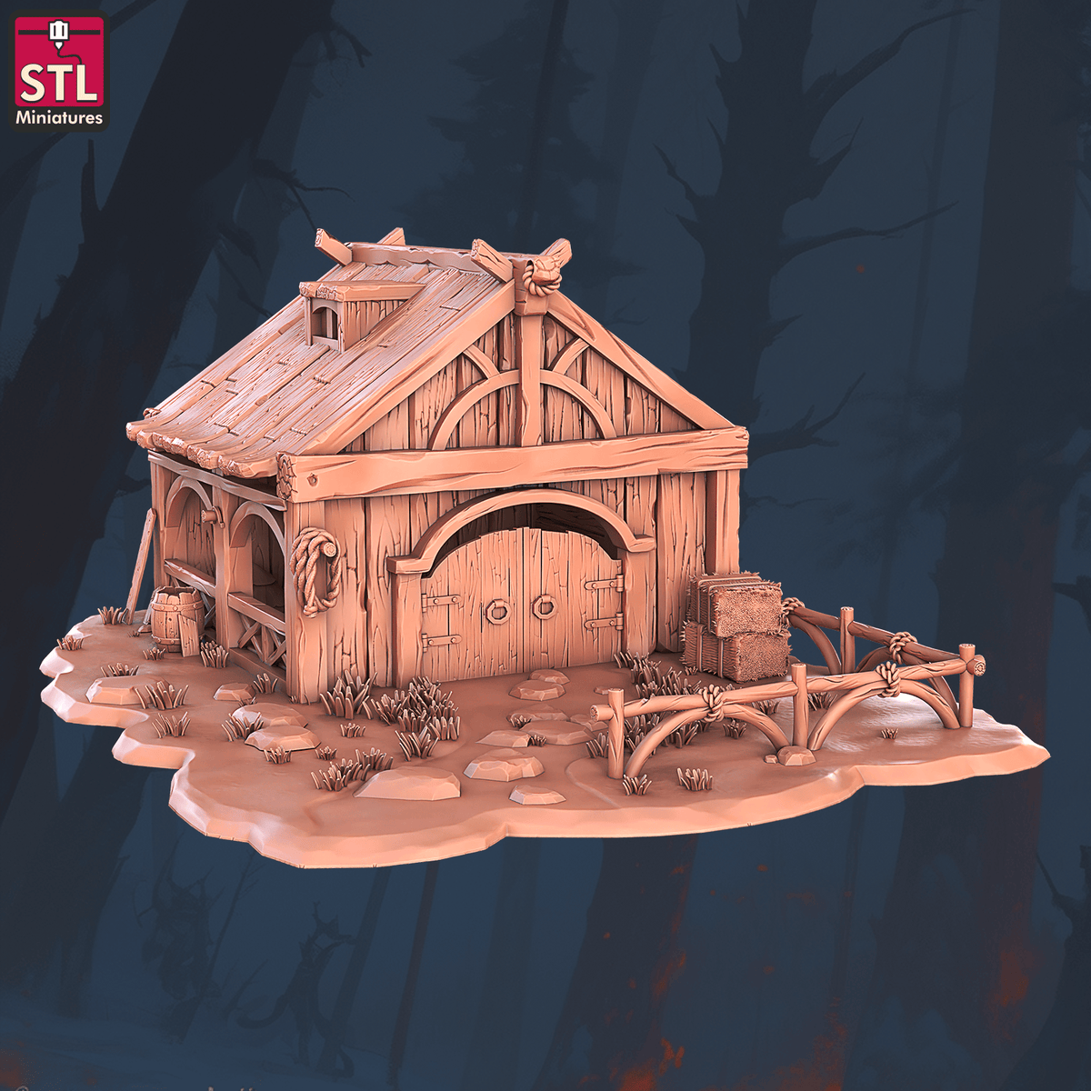 Charming Terrain 3D printed terrain (28mm) R56 Halfling Farm Stable 3D Printed STL Miniatures Halfling Farm Set 28 - 32mm War Gaming D&D