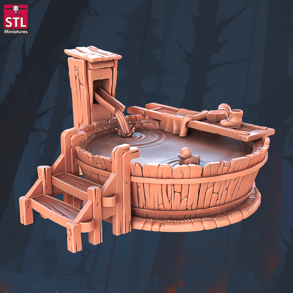 Charming Terrain 3D printed terrain (28mm) R56 Halfling Hostel Bathtub 3D Printed STL Miniatures Halfling Hostel Set 28 - 32mm War Gaming D&D
