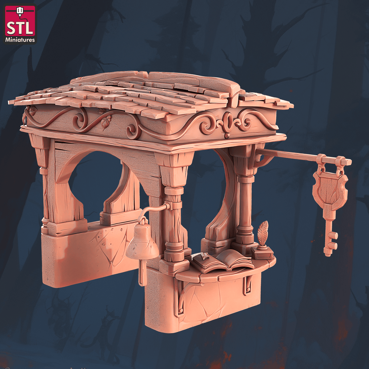 Charming Terrain 3D printed terrain (28mm) R56 Halfling Hostel Reception Desk 3D Printed STL Miniatures Halfling Hostel Set 28 - 32mm War Gaming D&D