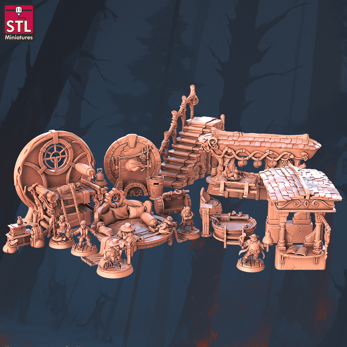 Charming Terrain 3D printed terrain (28mm) R56 Halfling Hostel Set 3D Printed STL Miniatures Halfling Hostel Set 28 - 32mm War Gaming D&D