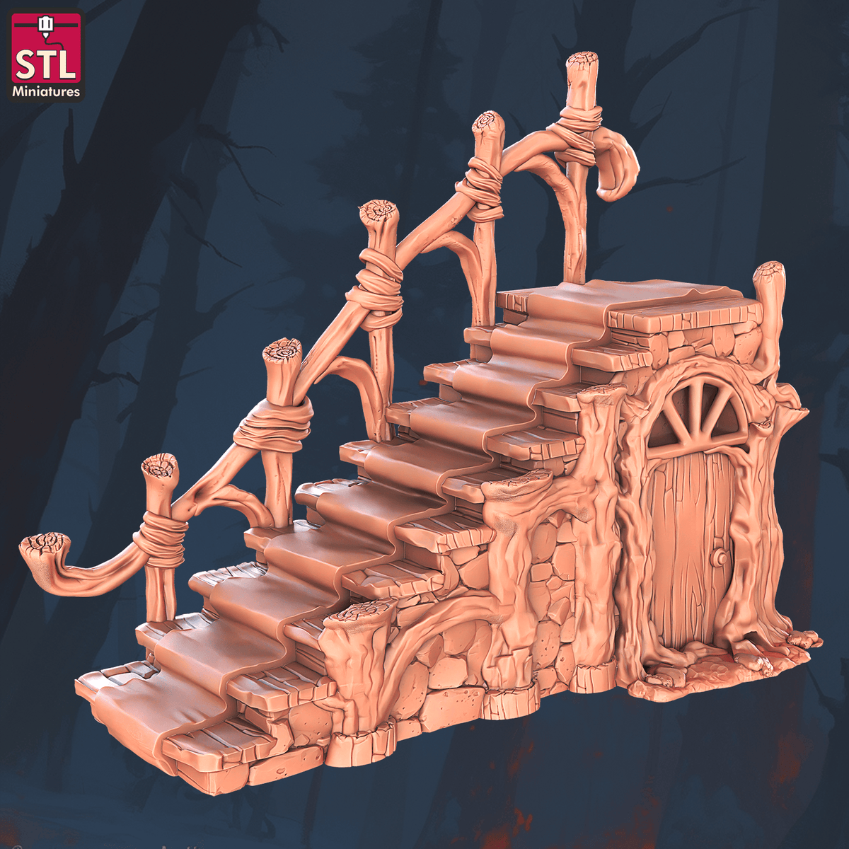 Charming Terrain 3D printed terrain (28mm) R56 Halfling Hostel Stairs 3D Printed STL Miniatures Halfling Hostel Set 28 - 32mm War Gaming D&D