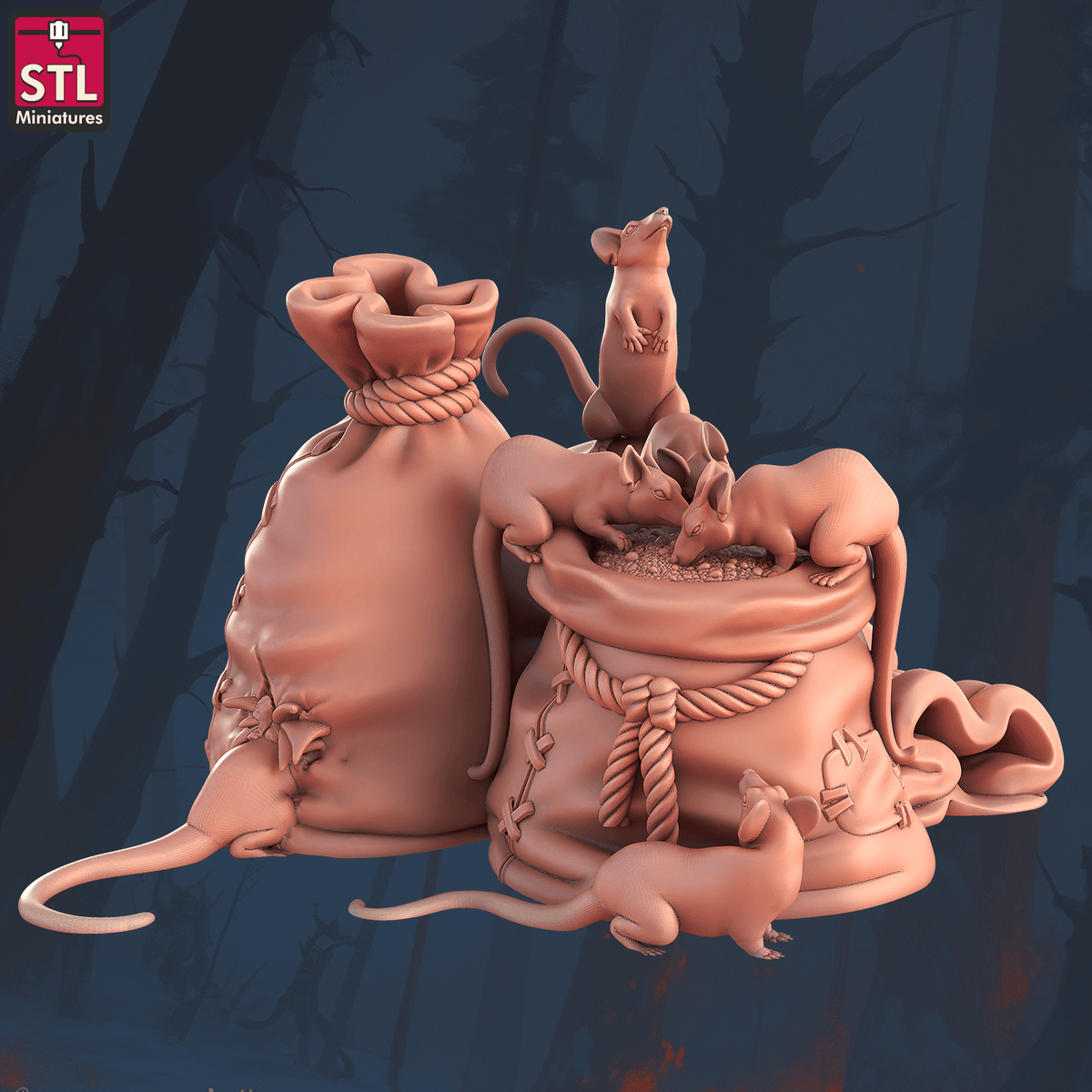 Charming Terrain 3D printed terrain (28mm) r59 pest controller rats on sacks 3D Printed STL Minatures Pest Controller 28mm 32mm