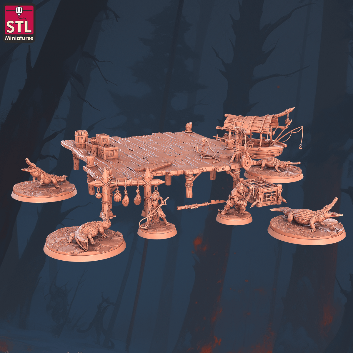 Charming Terrain 3D printed terrain (28mm) r60 crocodile handler set 3D Printed STL Minatures Crocodile Handler 28mm 32mm