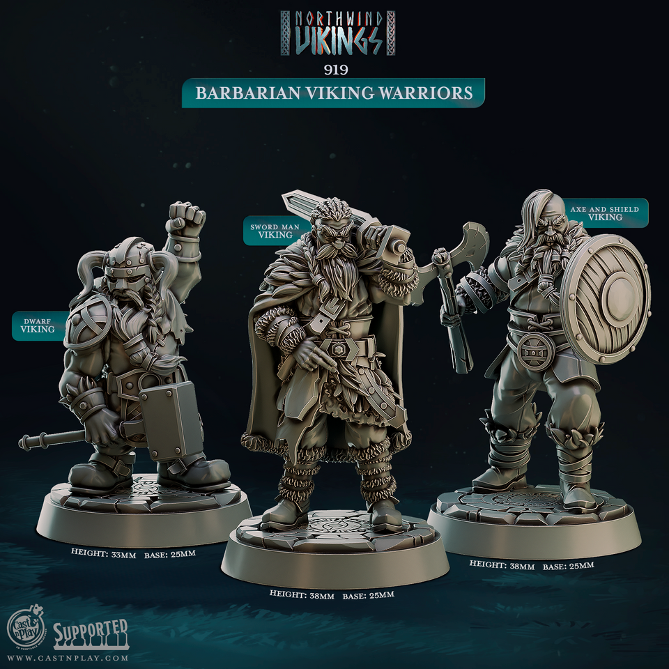 3D Printed Cast n Play Barbarian Viking Warriors Northwind Vikings 28mm 32mm D&D