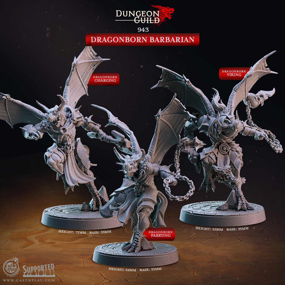 3D Printed Cast n Play Dragonborn Barbarian Dungeon Guild Set 28mm 32mm D&D