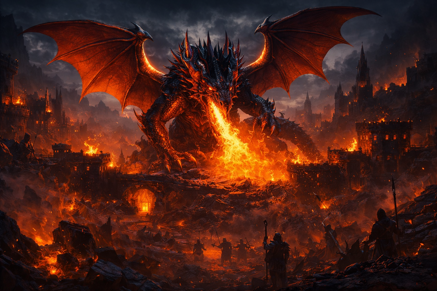 Dragon breathing fire over a destroyed cityscape with warriors in the foreground