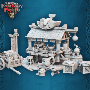 3D Printed STL Miniatures Fantasy Props 2 Market Food Stall 28 - 32mm War Gaming D&D