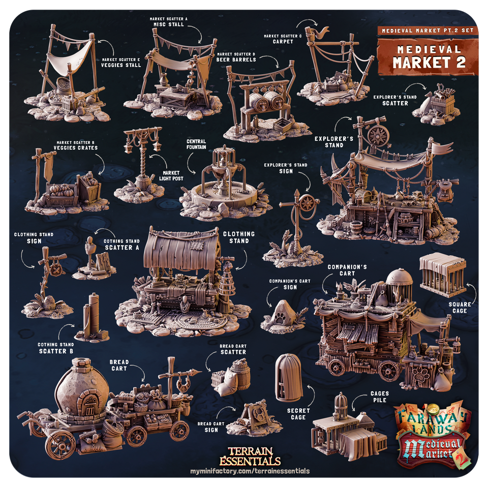 3D Printed Cast n Play Medieval Market 2 Terrain Set 28mm 32mm D&D