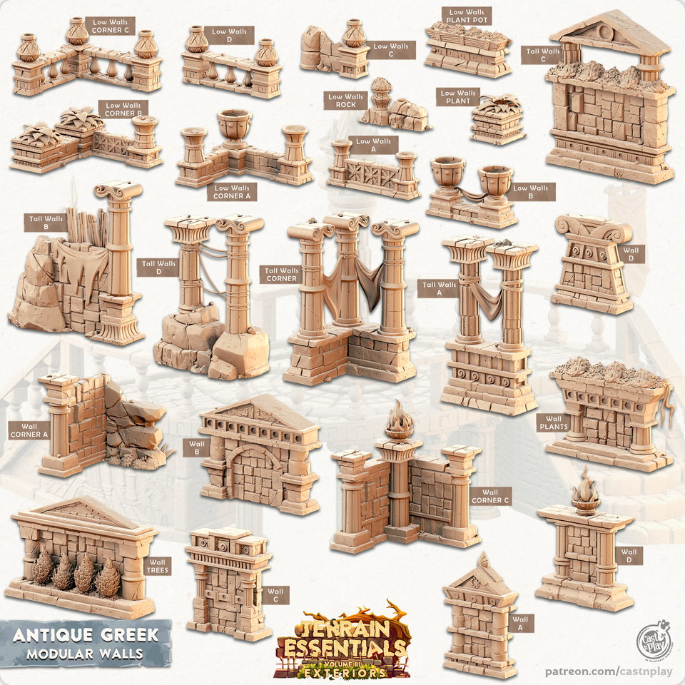 3D Printed Cast n Play Modular Walls Antique Greek Set 28mm 32mm D&D