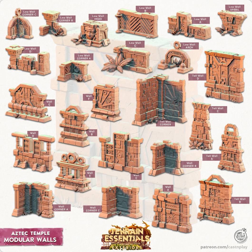 3D Printed Cast n Play Modular Walls Aztec Temple Set 28mm 32mm D&D