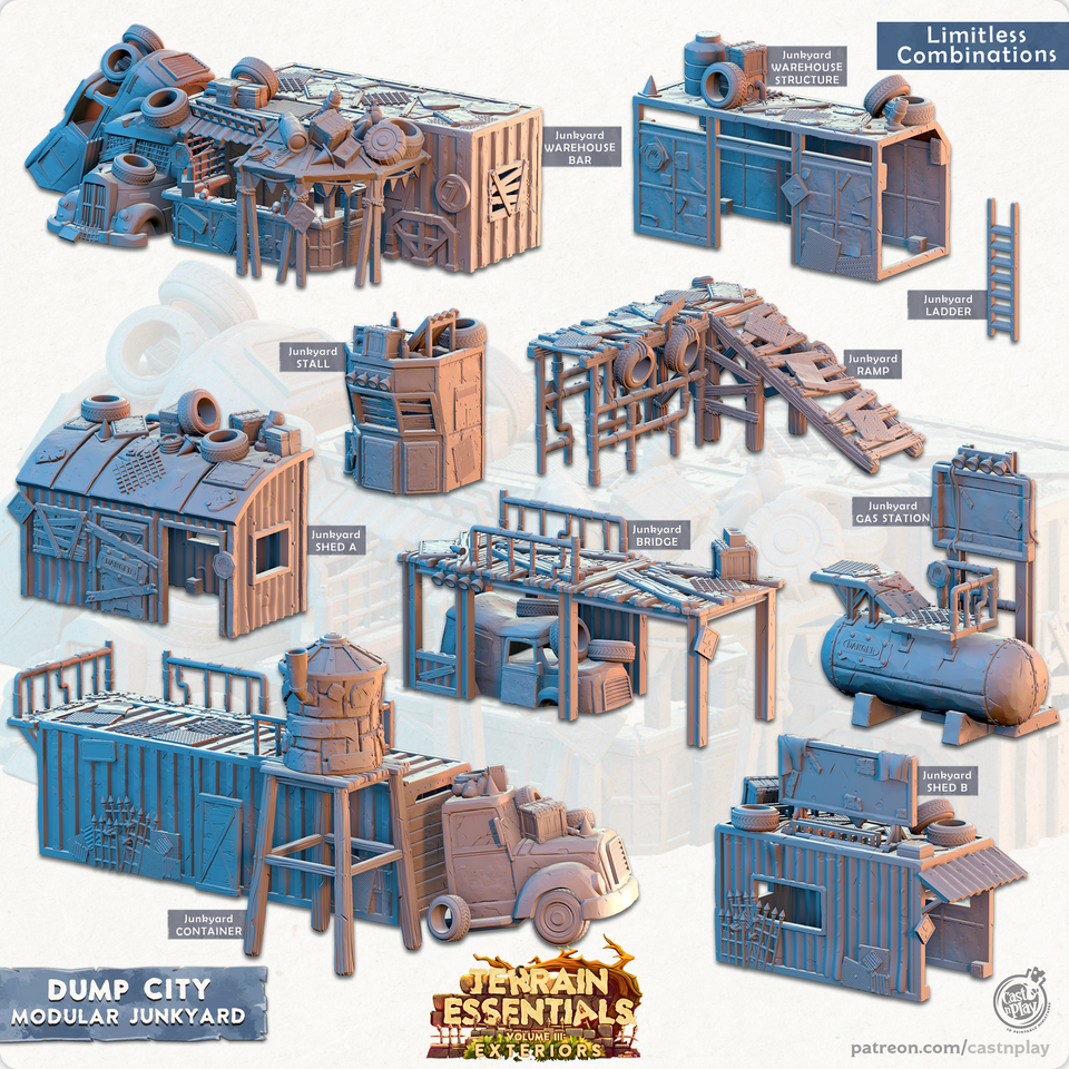 3D Printed Cast n Play Modular Junkyard Dump City Set 28mm 32mm D&D