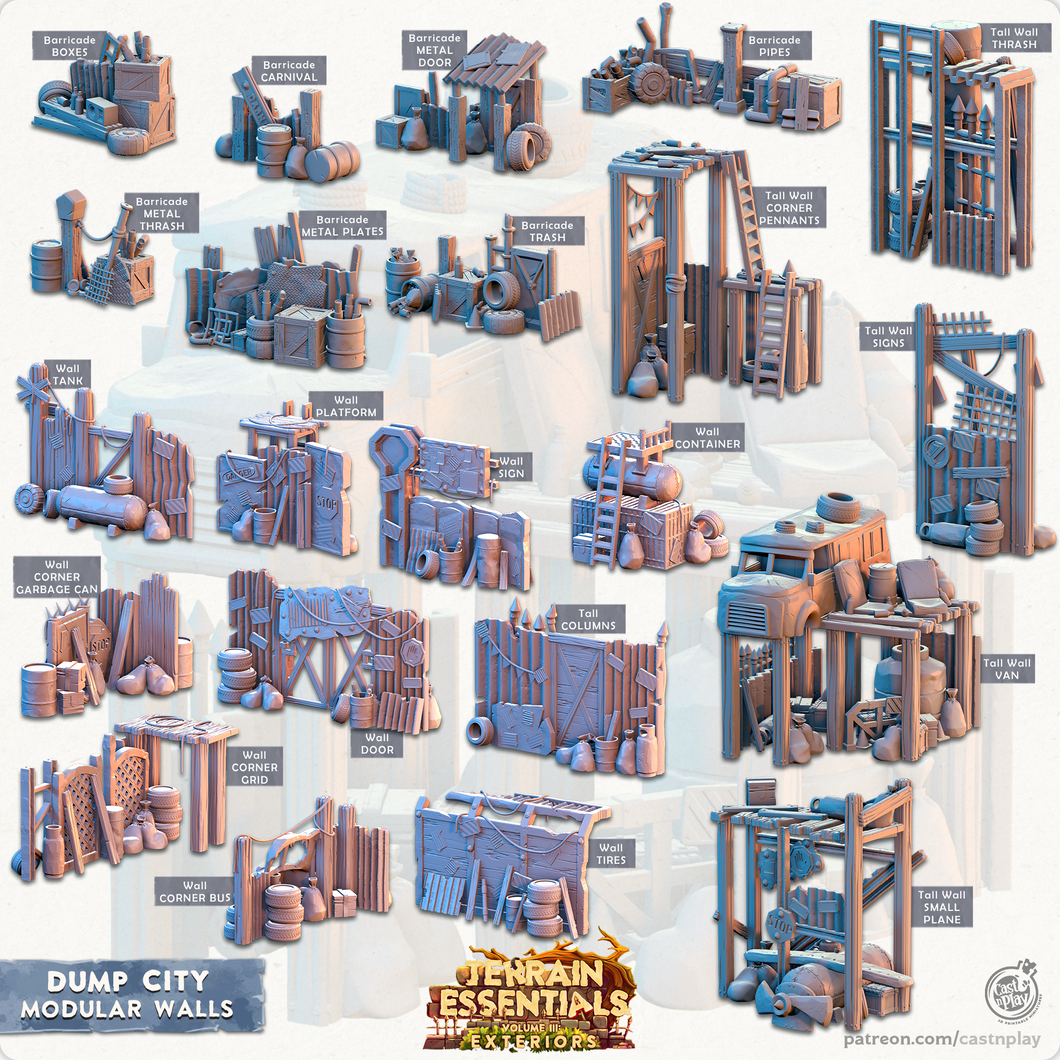 3D Printed Cast n Play Modular Walls Dump City Set 28mm 32mm D&D