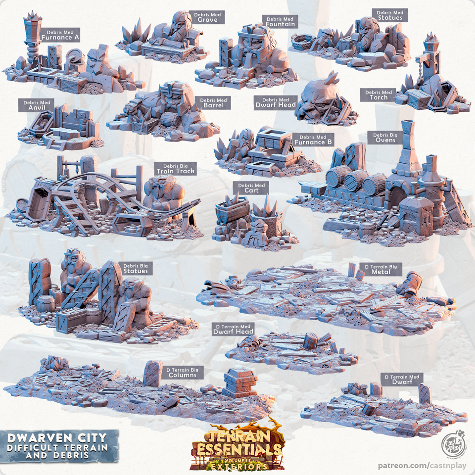 3D Printed Cast n Play Terrain Essentials Vol III Exteriors Dwarven City Set Debris and Difficult Terrain 28mm 32mm D&D