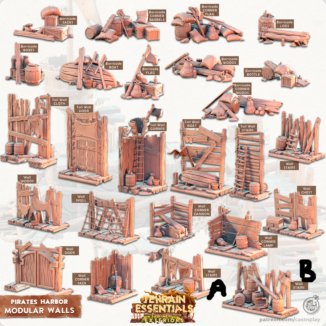 3D Printed Cast n Play Modular Walls Pirates Harbor Set 28mm 32mm D&D