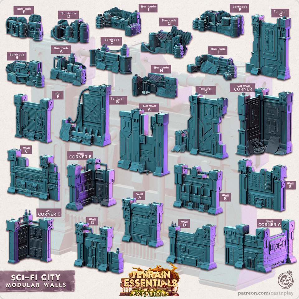 3D Printed Cast n Play Modular Walls Sci-Fi City Set Terrain Essentials Vol III Exteriors 28mm 32mm D&D