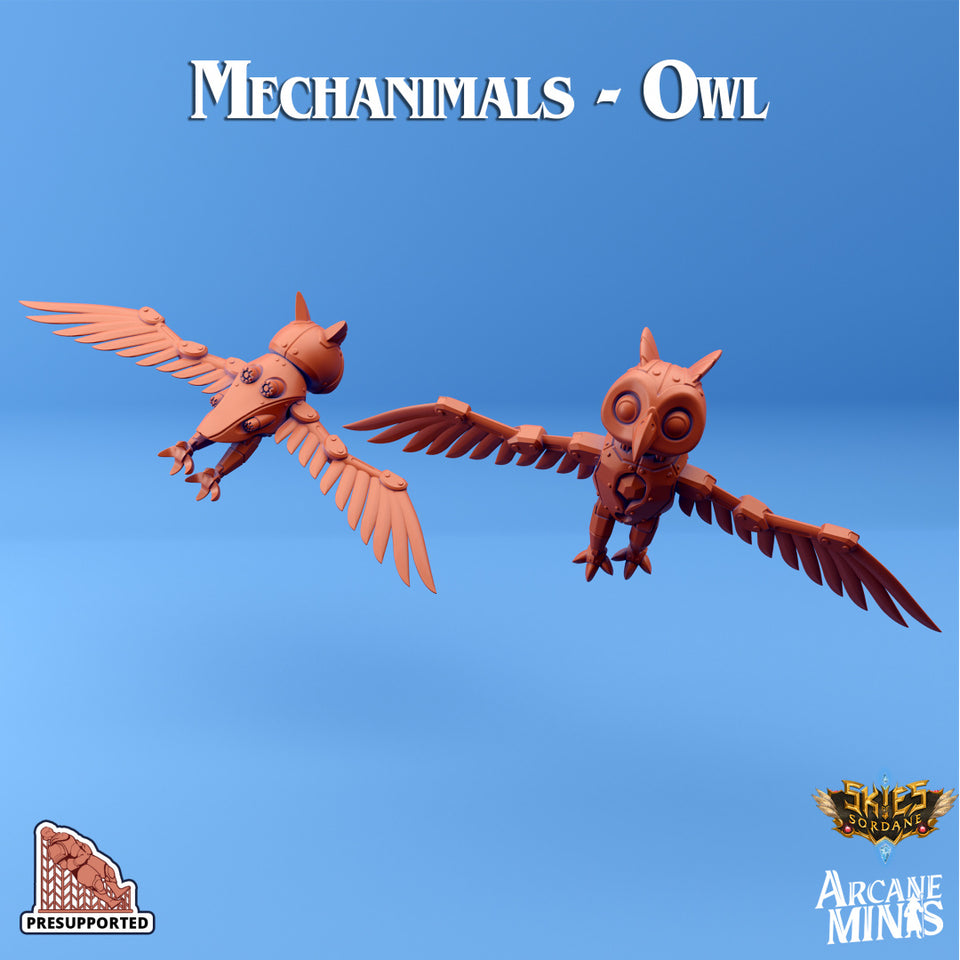 3D Printed Sordane Publishing Arcane Minis Mechanimal Owl Mechanimals Set 28 32mm D&D