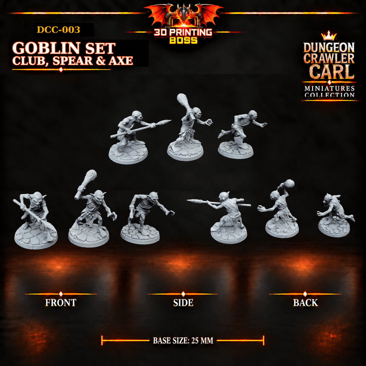 Fantastic Plants and Rocks Tabletop Terrain 3D Printed Dungeon Crawler Carl Miniature Collection Book One DCC-003 — Goblin Set — Club, Spear & Axe — 32mm