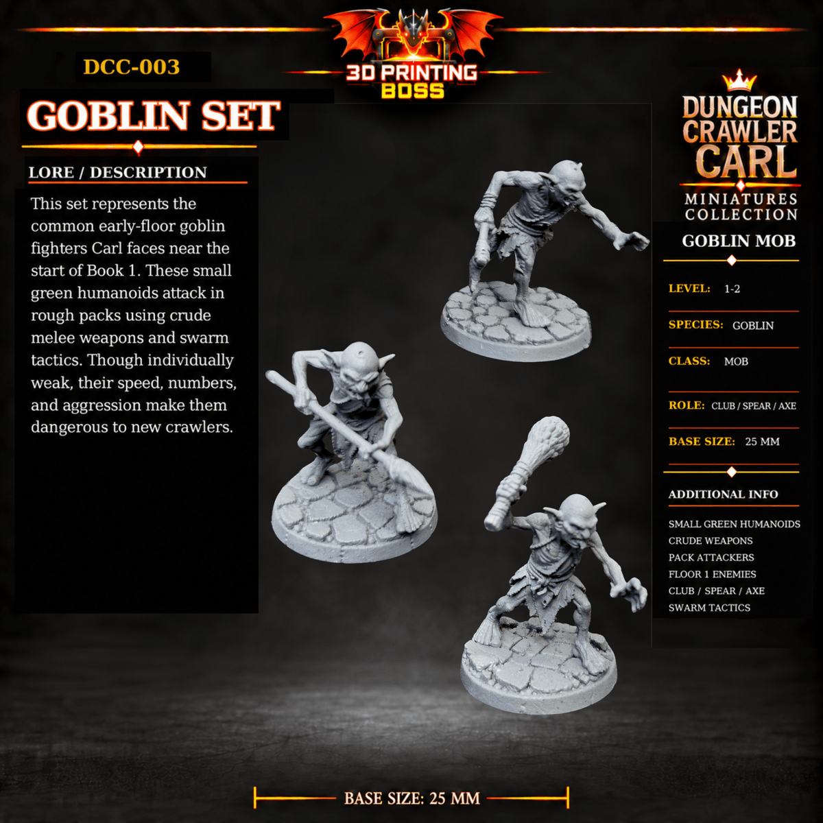 Fantastic Plants and Rocks Tabletop Terrain Carl — Early Dungeon / Yes 3D Printed Dungeon Crawler Carl Miniature Collection Book One DCC-003 — Goblin Set — Club, Spear & Axe — 32mm