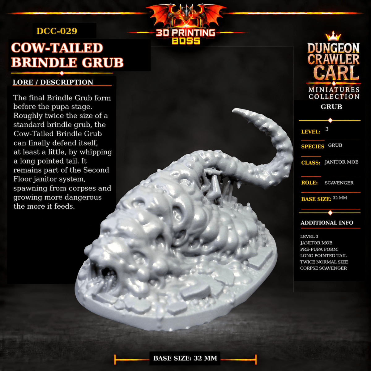Fantastic Plants and Rocks Tabletop Terrain Cow-Tailed Brindle Grub / Yes 3D Printed Dungeon Crawler Carl Miniature Collection Book One DCC-029 - Cow-Tailed Brindle Grub - 32mm