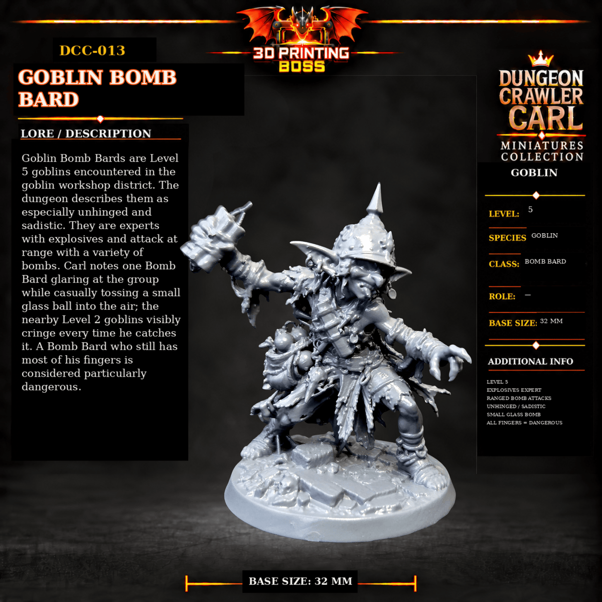 Fantastic Plants and Rocks Tabletop Terrain Goblin Bomb Bard / Yes 3D Printed Dungeon Crawler Carl Miniature Collection Book One DCC-013 - Goblin Bomb Bard - 32mm