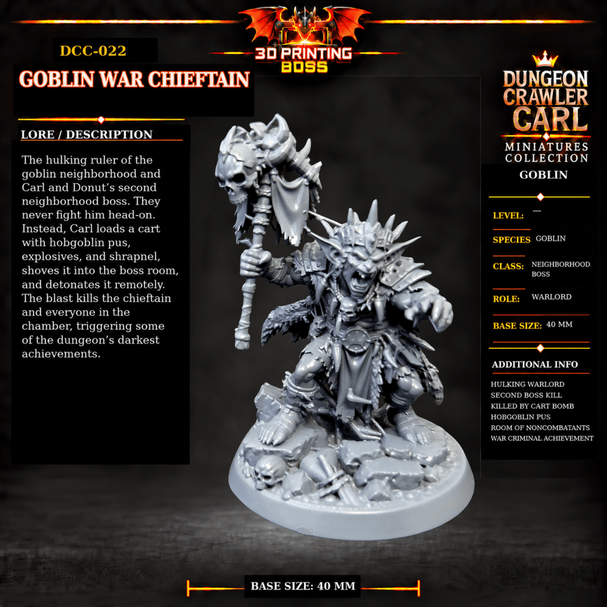 Fantastic Plants and Rocks Tabletop Terrain Goblin War Chieftain / Yes 3D Printed Dungeon Crawler Carl Miniature Collection Book One DCC-022 - Goblin War Chieftain - 32mm