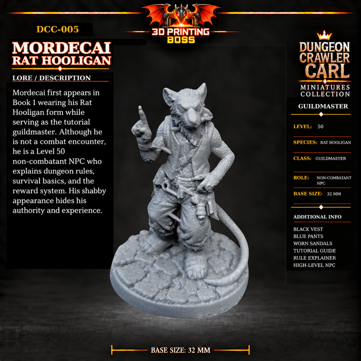 Fantastic Plants and Rocks Tabletop Terrain Mordecai Rat Hooligan / Yes 3D Printed Dungeon Crawler Carl Miniature Collection Book One DCC-005 - Mordecai Rat Hooligan - 32mm