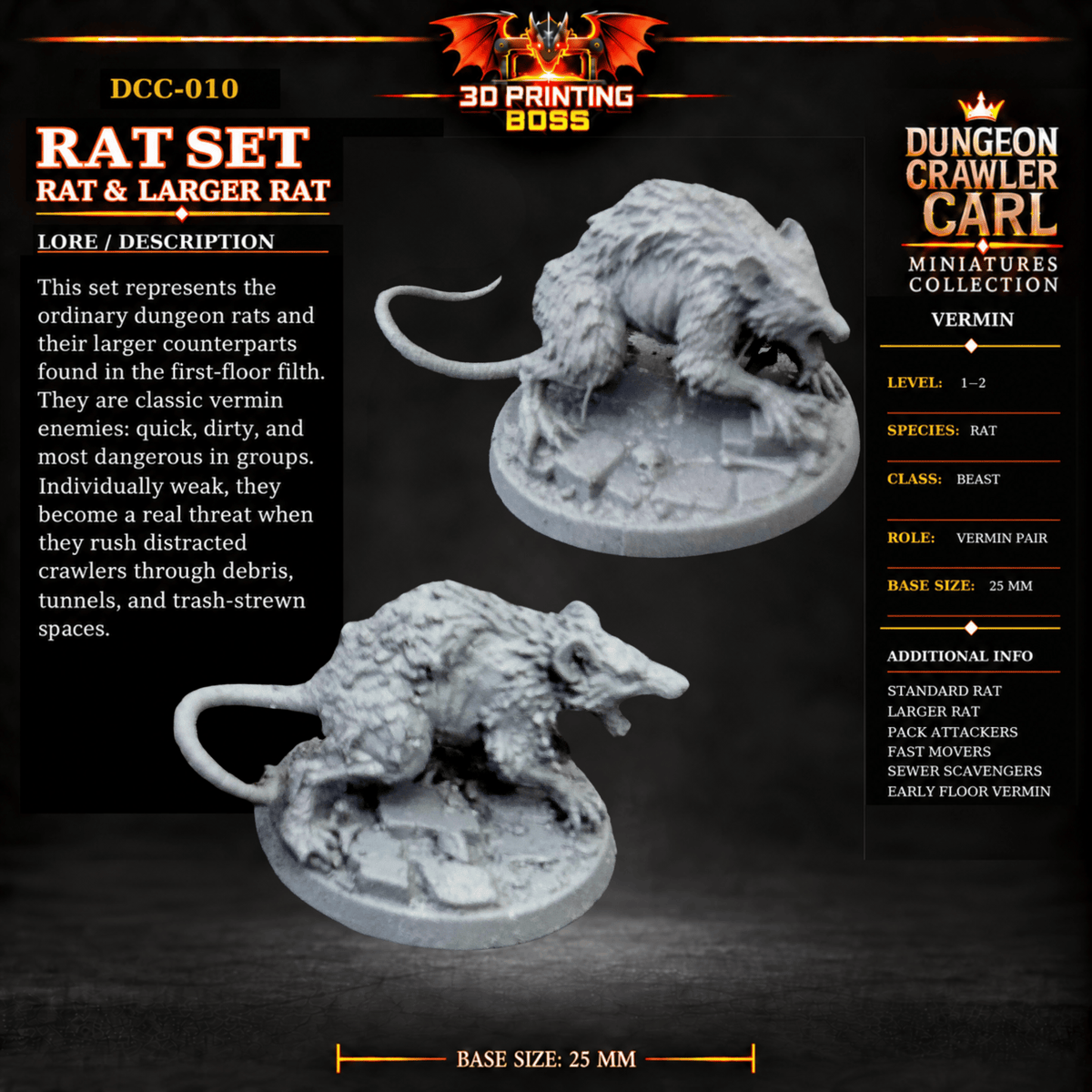 Fantastic Plants and Rocks Tabletop Terrain Rat Set / Yes 3D Printed Dungeon Crawler Carl Miniature Collection Book One DCC-010 - Rat Set - 32mm