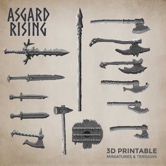3D Printed Asgard Rising Axe and Sword Weapon Set 3 - 32mm D&D - 3D Printing Boss 