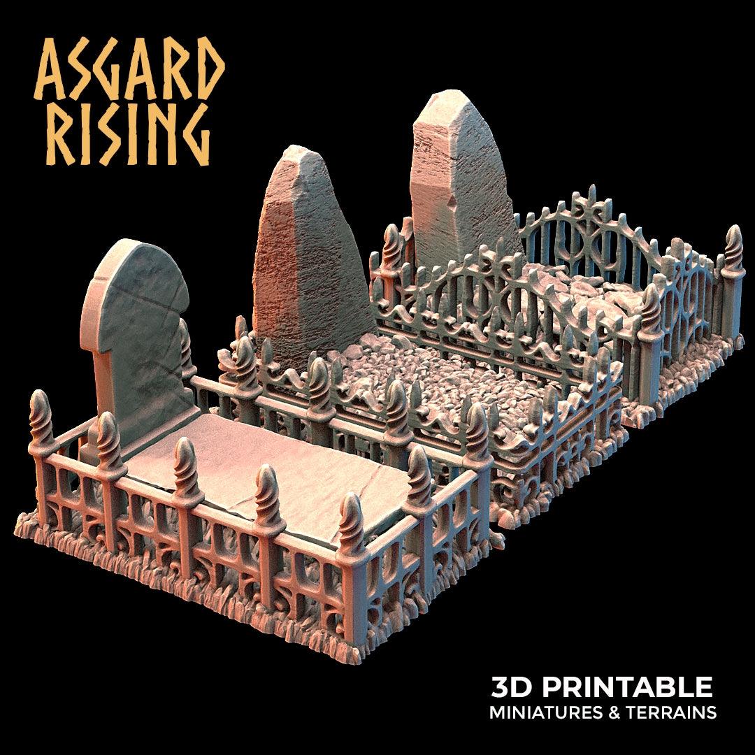 3D Printed Asgard Rising Cemetery Graves with Fence Set 28mm-32mm Ragnarok D&D - 3D Printing Boss 