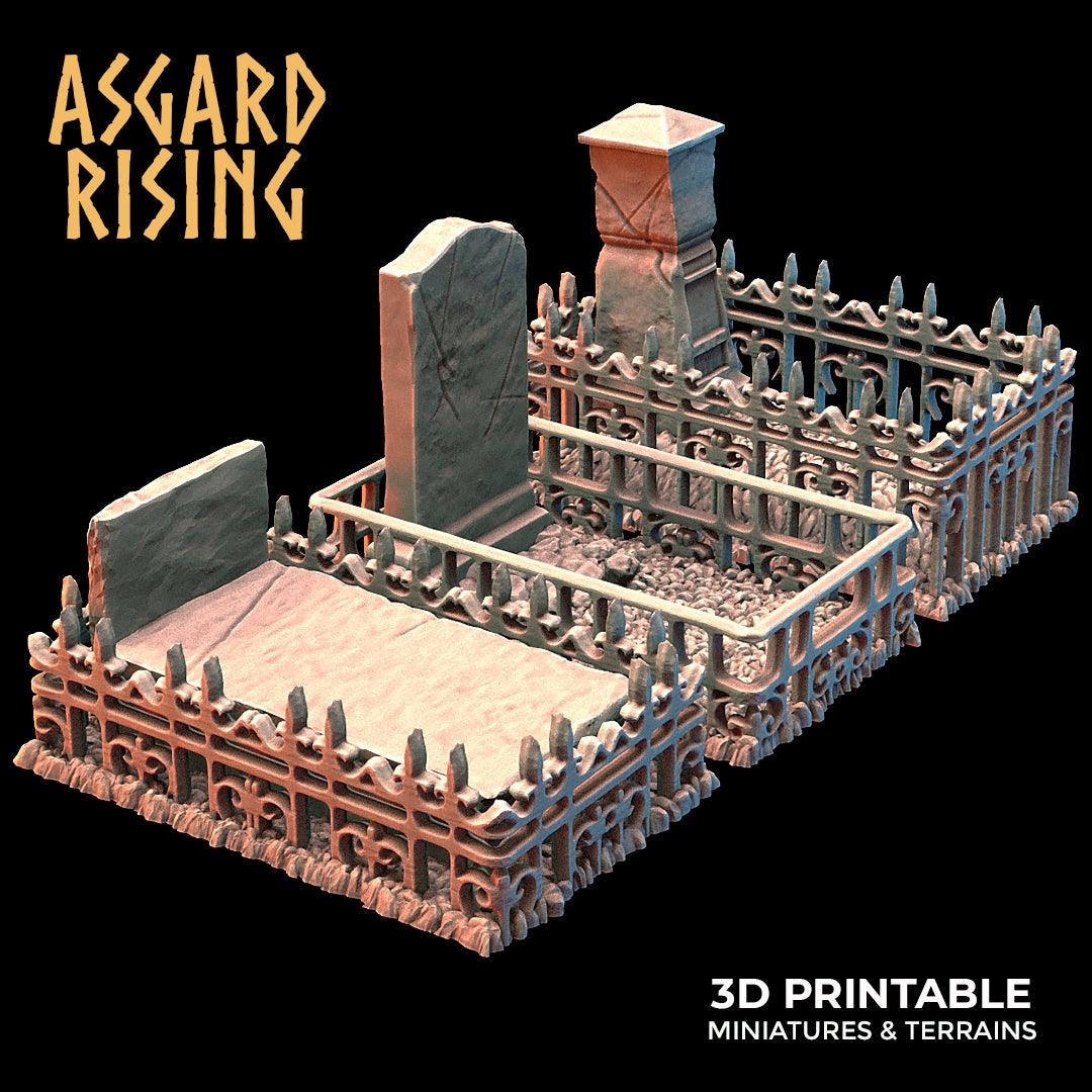 3D Printed Asgard Rising Cemetery Graves with Fence Set 28mm-32mm Ragnarok D&D - 3D Printing Boss 